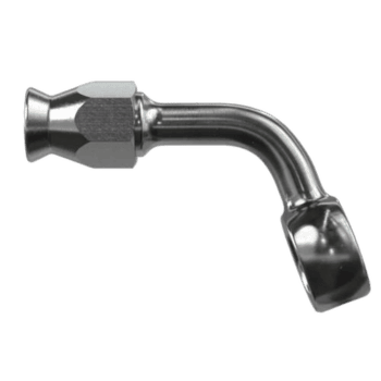 Close-up of a Goodridge 5070 Series Banjo 70° Degree fitting, made of polished metal for high-performance racing applications.