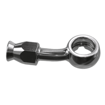 Close-up of a high-quality metal banjo fitting with a 20° angle for racing vehicle brake lines.