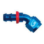 Grand Prix Racewear blue 45° push fit connector with red ring for secure fitting, ideal for racing and automotive applications.