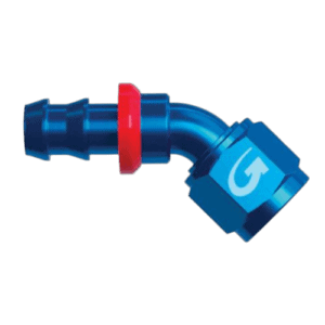 Grand Prix Racewear blue 45° push fit connector with red ring for secure fitting, ideal for racing and automotive applications.