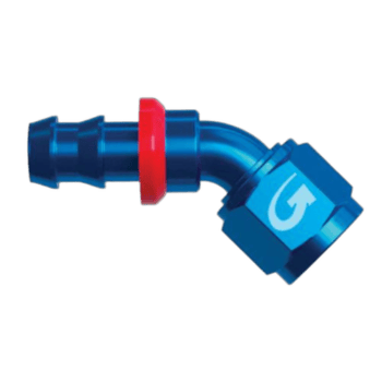 Grand Prix Racewear blue 45° push fit connector with red ring for secure fitting, ideal for racing and automotive applications.