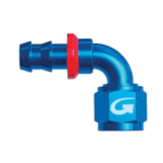 Blue Grand Prix Racewear 536 Series 90° push fit connector with red locking ring for secure hose connection.