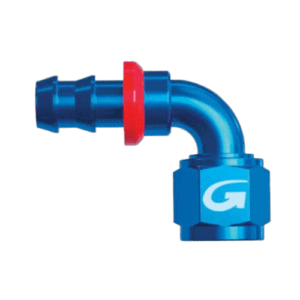 Blue Grand Prix Racewear 536 Series 90° push fit connector with red locking ring for secure hose connection.
