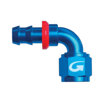 Blue Grand Prix Racewear 536 Series 90° push fit connector with red locking ring for secure hose connection.