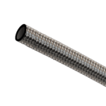 Close-up of a braided stainless steel hose used in high-performance racing applications.