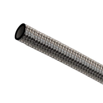 Close-up of a braided stainless steel hose used in high-performance racing applications.