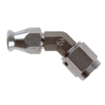 Close-up of a metal female 45° degree fitting, used in high-performance racing applications.