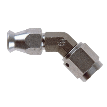 Close-up of a metal female 45° degree fitting, used in high-performance racing applications.