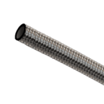 Close-up of a high-performance braided PTFE aramid racing hose for automotive applications.