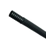 Close-up of a black G-Flex convoluted hose with aramid braid reinforcement for high-performance automotive applications.