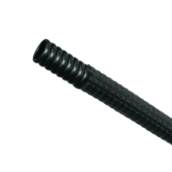 Close-up of a black G-Flex convoluted hose with aramid braid reinforcement for high-performance automotive applications.