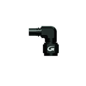 Grand Prix Racewear forged female concave seat 90° fitting, black with GPR logo, for high-performance automotive applications.