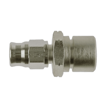 Close-up of a metal fitting with M10x1.0 convex thread and 17mm hex for racing applications.