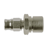 Close-up of a metal fitting with M10x1.0 convex thread and 19mm hex for automotive or racing applications.