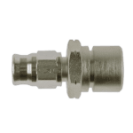 Close-up of a metal fitting with M10x1.0 thread and concave 19mm hex for automotive or racing applications.