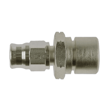 Close-up of a metal fitting with M10x1.0 thread and concave 19mm hex for automotive or racing applications.