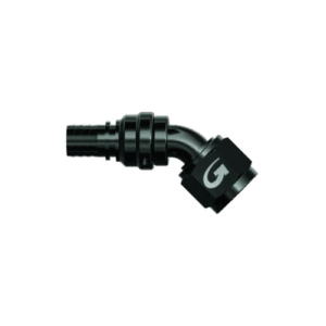 Grand Prix Racewear G-Flex fitting with double swivel and 45° swept tube female concave seat for high-performance racing applications.