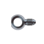 Close-up of a metal racing part with a circular eyelet and threaded end, used in motorsport safety equipment.