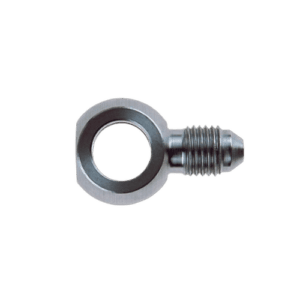 Close-up of a metal racing part with a circular eyelet and threaded end, used in motorsport safety equipment.