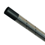 Close-up of a stainless steel braided hose with black rubber fitting, suitable for high-performance automotive applications.