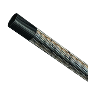 Close-up of a stainless steel braided hose with black rubber fitting, suitable for high-performance automotive applications.