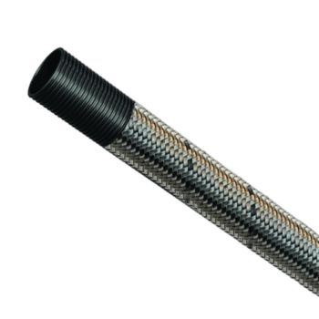 Close-up of a stainless steel braided hose with black rubber fitting, suitable for high-performance automotive applications.