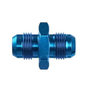 Blue Goodridge straight male JIC adaptor for racing and automotive applications.