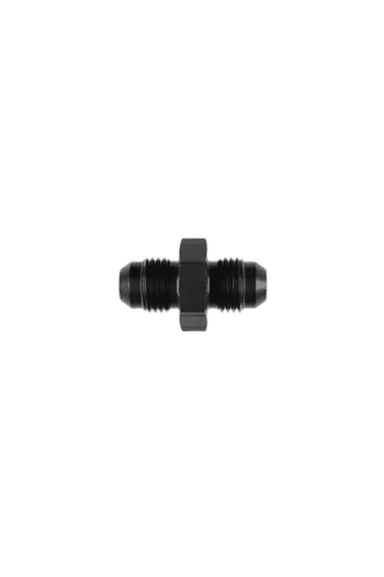 Close-up of a black racing fuel fitting with threaded ends and a central hex nut, used in Grand Prix racewear for secure fuel connections.