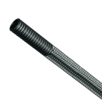 Close-up of a Grand Prix Racewear stainless steel braided hose, showcasing its durable construction and high-quality materials.