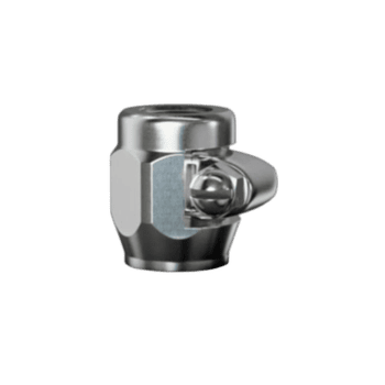 Close-up of a metallic racing helmet fastener clip used in Grand Prix racewear for safety and security.