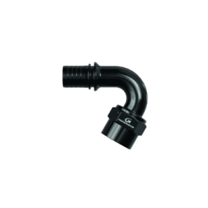 Grand Prix Racewear black 120º swept tube female concave seat hose end for high-performance automotive applications.