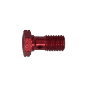 Red anodised bolt used in motorsport racing gear, part of Grand Prix Racewear equipment.