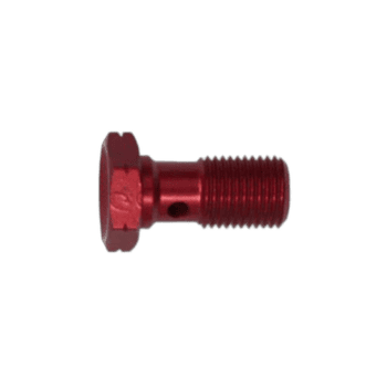 Red anodised bolt used in motorsport racing gear, part of Grand Prix Racewear equipment.