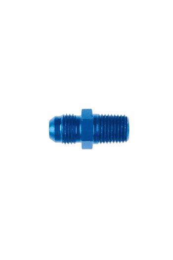 Blue male-male 3/4 JIC to NPT adapter fitting for hydraulic or racing applications.