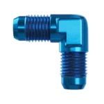 Blue anodised aluminium 90° elbow male adaptor for racing and automotive applications.