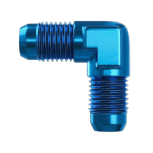 Blue anodised aluminium 90° elbow male adaptor for racing and automotive applications.