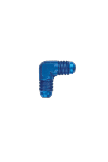 Blue anodised aluminium 90-degree racing valve fitting for Grand Prix racewear and motorsport applications.