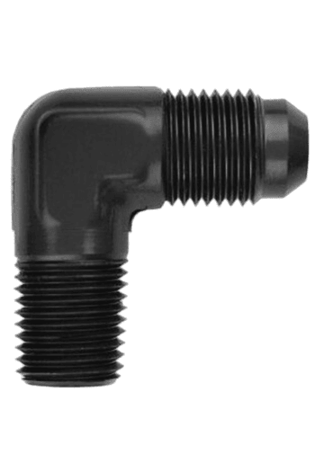 Black rubber 90-degree elbow connector for racing kart or motorcycle fuel or oil lines, with ribbed design for secure fit.