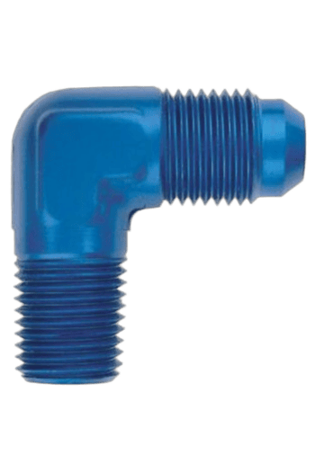 Blue racing car exhaust pipe fitting with threaded ends, designed for high-performance motorsport applications.