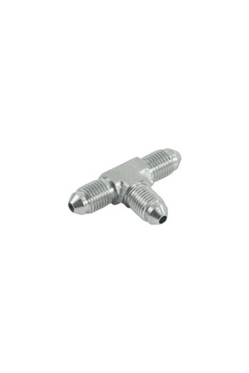 Close-up of a silver T-shaped racing car part, possibly a connector or valve, used in motorsport engineering.