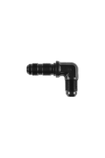 Black rubber hose connector with 90-degree bend, suitable for racing car fuel or oil systems.