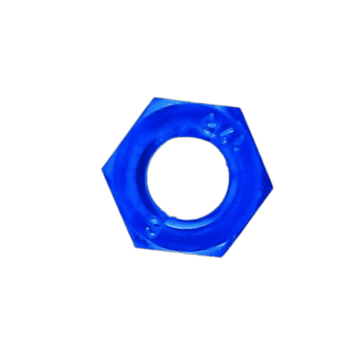 Blue hex nut used in automotive and racing applications, showcasing precision engineering and durability.