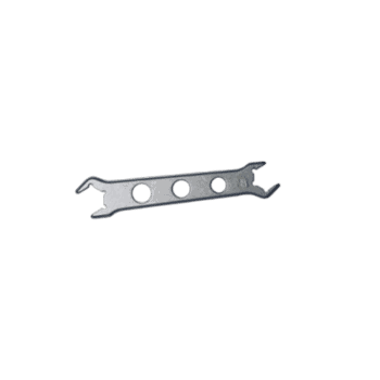 Metallic racing tool with three circular holes, used in motorsport maintenance and repairs.