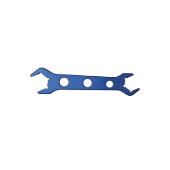 Blue racing car tool with three circular holes, used for maintenance or adjustments in motorsport.