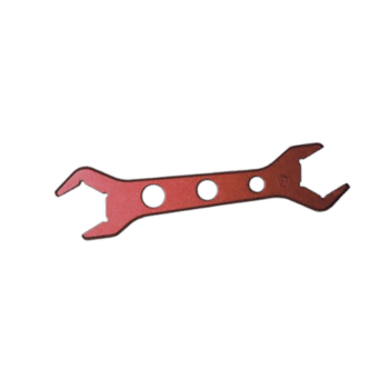 Red multi-purpose spanner tool with three circular holes for adjustable grip, used in motorsport maintenance and repairs.