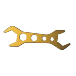 Close-up of a gold-coloured double alloy spanner with multiple hole sizes for versatile use.