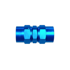 Blue female swivel adaptor coupling for high-performance racing applications, made of durable metal with precise threading.