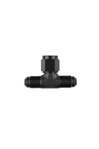 Black T-joint connector for racing kart fuel or oil lines, durable and high-quality for Grand Prix Racewear.