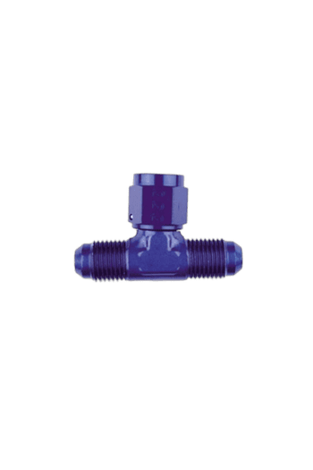 Blue plastic T-shaped pipe fitting with threaded ends, suitable for racing car fluid systems.