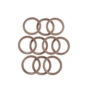 Set of six copper washers used in automotive or mechanical applications, arranged in a grid pattern.